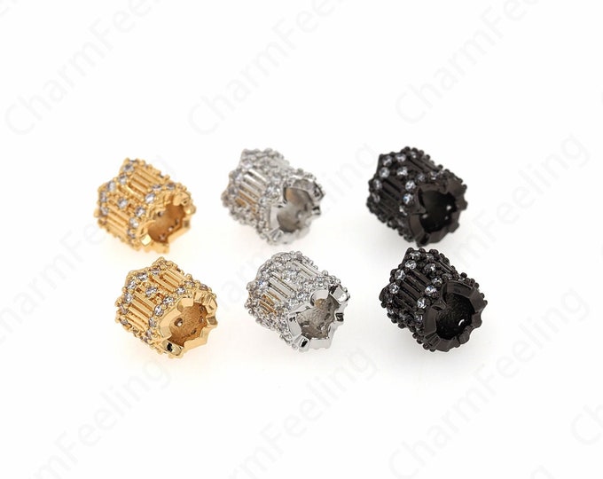 18K Gold Filled Round Beads,Micropave CZ  Cylinder spacer Beads,Large Hole bead,Cubic Zirconia Gold Spacer Beads,9x9.3mm
