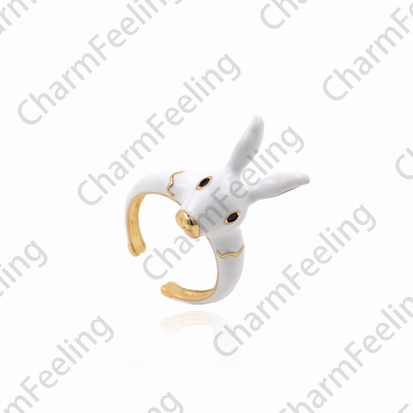 18K Gold Filled Rabbit Ring, Gold Open Ring, Enamel Rabbit Ring, Adjustable Ring, Enamel Ring Jewelry, Enamel Jewelry, Rabbit Charm