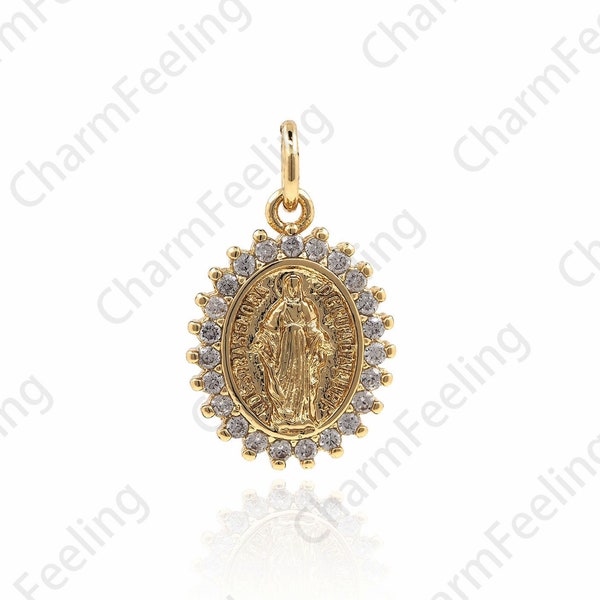 18K Gold Filled Virgin Mary Pendant, Virgin Necklace, Micropavé Cubic Zirconia Strip Pendant, DIY Jewelry Components 20x12x2.5mm