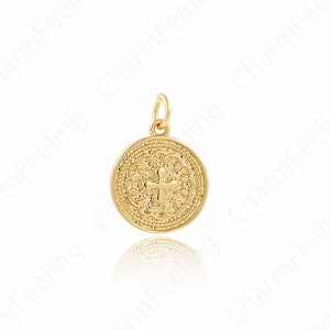 Coin Charm,Round Cross Pendant, 18K Gold Filled Christian Charm,Cross charm, Cross Necklace, DIY Jewelry Accessories, 18.7x14x2mm