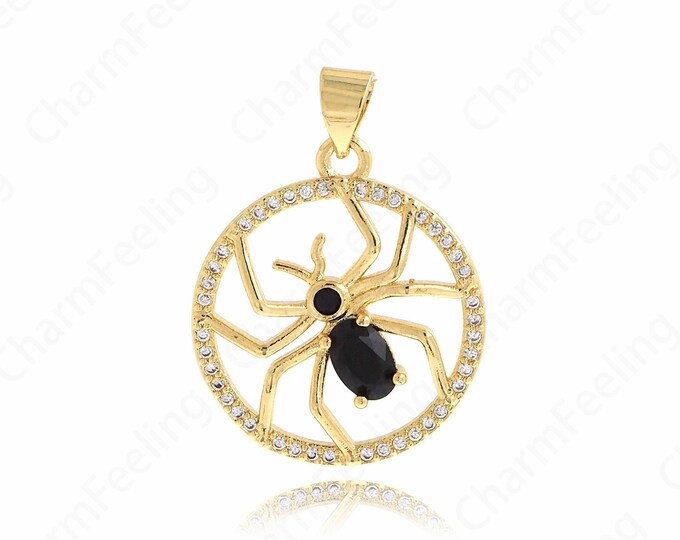 Round Spider Pendant, Micropavé CZ Insect Necklace, 18K Gold Filled Insect Charm, Spider Charm, DIY Jewelry Supplies, 27.5x20x3.2mm