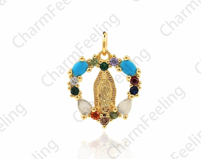 Virgin Mary Charm, 18K Gold Filled Heart-shaped Maria Necklace, Micropavé CZ Catholic Necklace, DIY Jewelry Accessories, 21x16x3mm