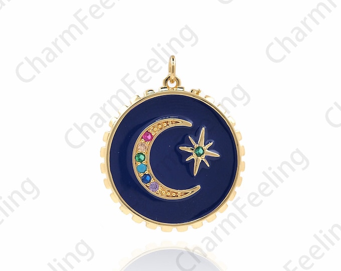 18K Gold Filled Blue Enamel Necklace, Micropavé CZ Star Charm, Star Pendant, Moon Charm, Star Charm, 31x25x2.8mm