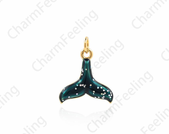 18K Gold Filled Enamel Fish Tail Pendant, Whale Tail Necklace, Marine Animal Necklace, Nautical Charm, Marine Life Charm, 16x13x2mm
