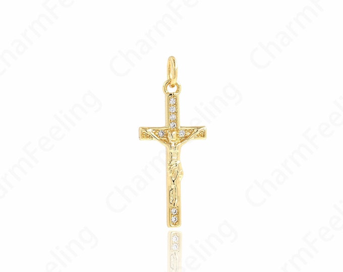 Cross Charm,18K Gold Filled Cross Pendant,Christian Charm,Micropavé CZ Cross Necklace,DIY Jewelry Accessories,27x11x3mm