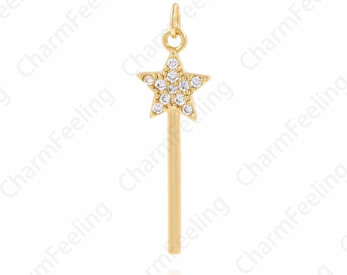 Cane Pendant, Wand Charm, Pentacle Pendant, 18K Gold Filled Pentacle Charm, Micropavé CZ Magic Wand Pendant, DIY Jewelry Supplies, 28x8x2mm