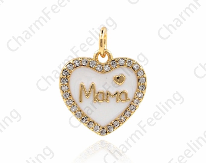 18K Gold Filled Heart Pendant, Gift For Mother, Micropavé CZ Mama Script Necklace, Mother's Jewelry, Heart-Shaped Enamel Pendant, 17x14x2mm