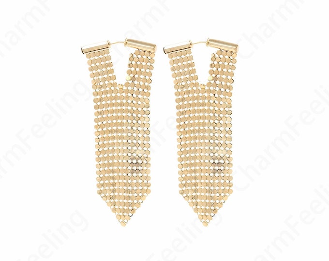 Flag Earrings, 18K Gold Filled Tassel Earrings, Chain Earrings, Flag Jewelry, Boho Earrings, Gift for Her, 41x90x4mm