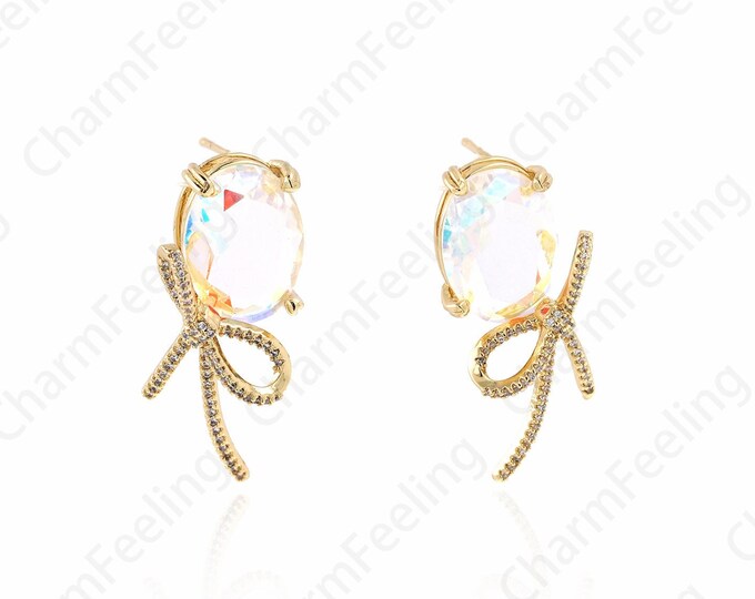 Fashion Earrings,Micropavé CZ Bow Earrings,Pierced Earrings,18K Gold Filled Knotted Earring,Gift for Her,DIY Jewelry Supplies,12x32.5x11.5mm