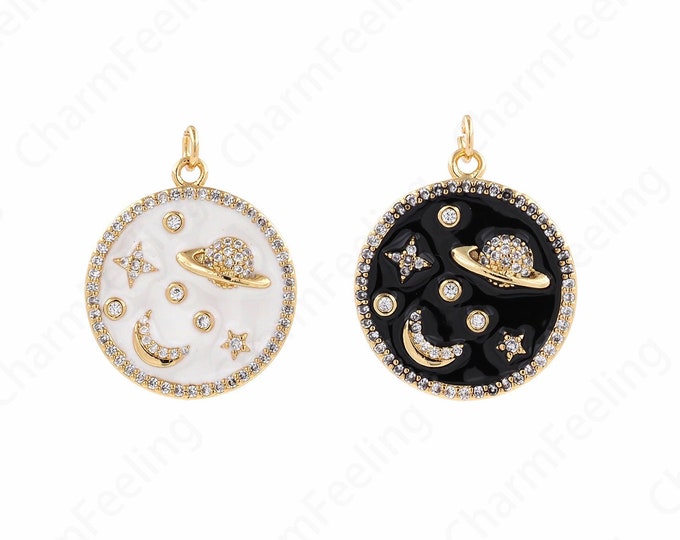 Cosmos Pendant, Round Charm, 18K Gold Filled Planet Necklace, Enamel Charm, Micropavé CZ Moon Charm, DIY Jewelry Supplies, 29x23.5x3mm