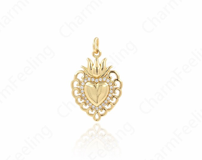 Dainty Heart Charm, Micropavé CZ Heart Necklace,18K Gold Filled Heart Pendant, Love Necklace, DIY Jewelry Accessories 26x16x2.6mm
