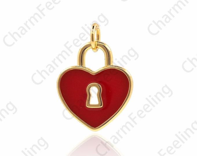 18K Gold Filled Heart-Shaped Enamel Pendant, Enamel Heart-Lock Necklace, Heart-Shaped Lock Pendant, DIY Jewelry Accessories 18x13x1.8mm