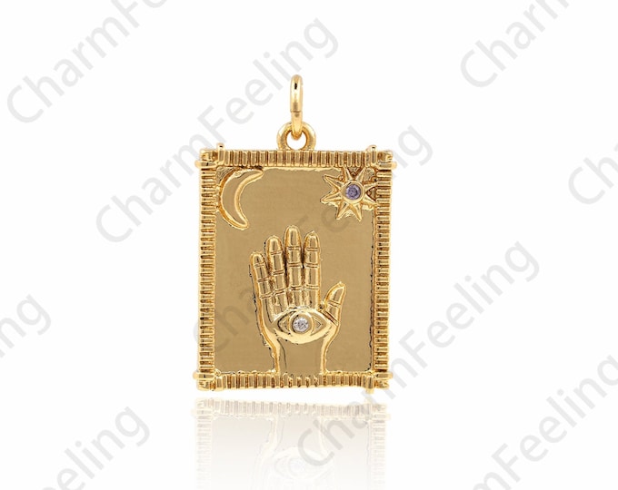 18K Gold Filled Third Eye Tarot Necklace,Micropavé CZ Square Hand-Eye Pendant,Lucky Eye Pendant,Rectangular Tarot Pendant 24x15x1.7mm