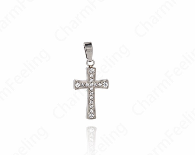 Dainty  Cross Pendant,  Silver Filled Cross Necklace,Micropavé CZ Stainless Steel Religious Charm,DIY Jewelry Supplies 22x10x1.8mm