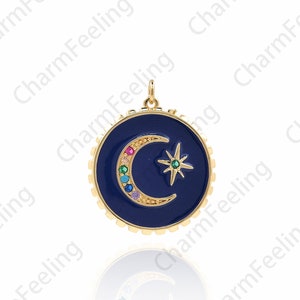 18K Gold Filled Blue Enamel Necklace, Micropavé CZ Star Charm, Star Pendant, Moon Charm, Star Charm, 31x25x2.8mm