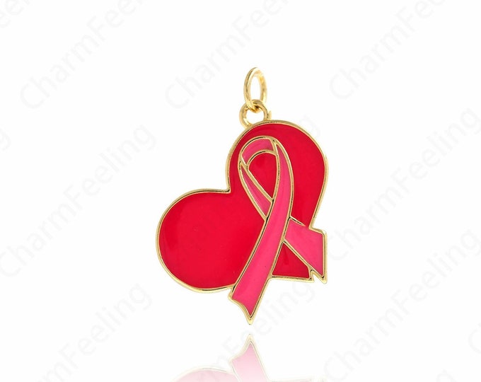 18K Gold Filled Heart Ribbon Pendant,Cancer Awareness Charm Bracelet Necklace for DIY Jewelry Making Supply,28x20x2mm