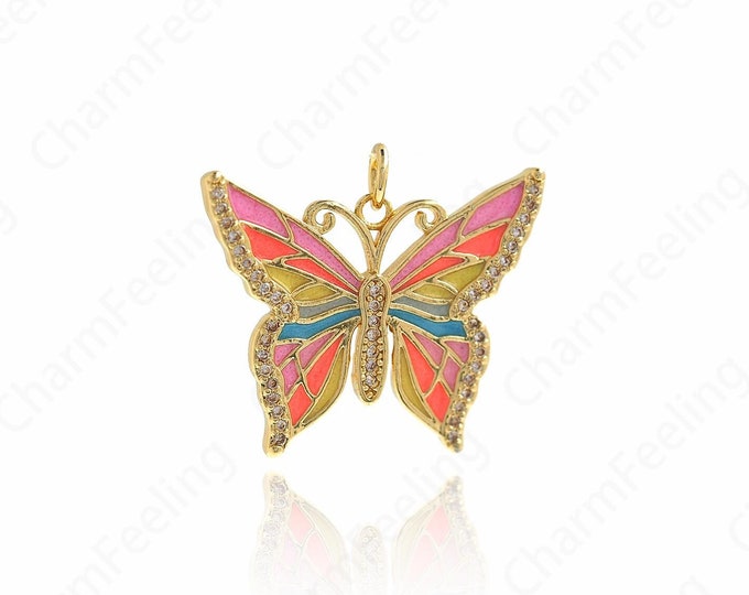 MicroPave  CZ Butterfly Jewelry, Butterfly Charm, Butterfly Pendant, Enamel Charm,DIY Jewelry Making Accessories 22.7x26x3mm