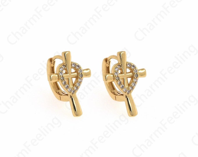 18K Gold Filled Cross Earrings,Micropavé CZ Gold Earrings,Eeligious Earrings,Religious Charm, A Gift For Her,18.3x13.5x14mm