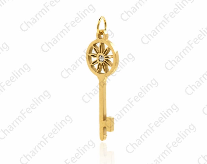 Golden key necklace, small key chain, 316 stainless steel custom key necklace, pavé pieces, DIY jewelry making 32.6x10x1.3mm  1pcs