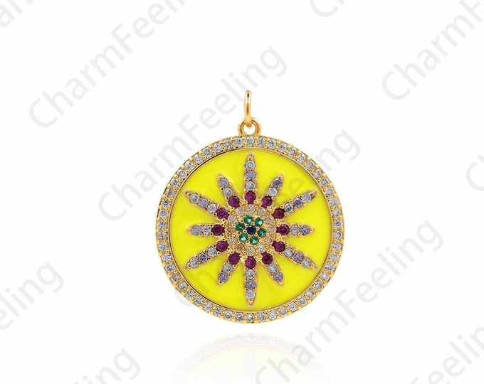18K Gold Filled Enamel Flower Pendant, Disc Flower Necklace, Enamel Charm, Round Gold Coin Necklace, Micropave CZ Flower Charm, 31x25x3mm