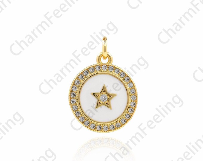 18K Gold Filled Round Enamel Pendant,Enamel Charm,Micropavé CZ Five-Pointed Star Pendant,Polaris Charm,DIY Jewelry Accessories,18.5x13.5x2mm
