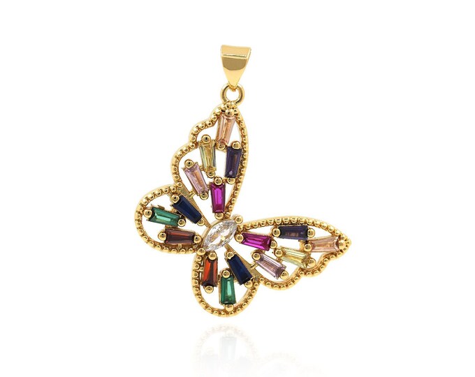 Butterfly Pendant, Micropavé CZ Flying Necklace, 18K Gold Filled Butterfly Charm, Insect Charm, DIY Jewelry Accessories,37x29x3mm