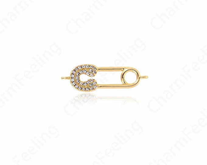 18K Gold Filling Charm Connector, MicroPave CZ Safety Pin Linker, Safety Pin Charm, DIY Jewelry Making Accessories 26x8.2x2.5mm