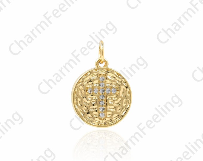 Micropavé CZ Cross charm, Round Cross Pendant, 18K Gold Filled With Christian Charm, Cross Necklace, DIY Jewelry Accessories, 18x13x2mm