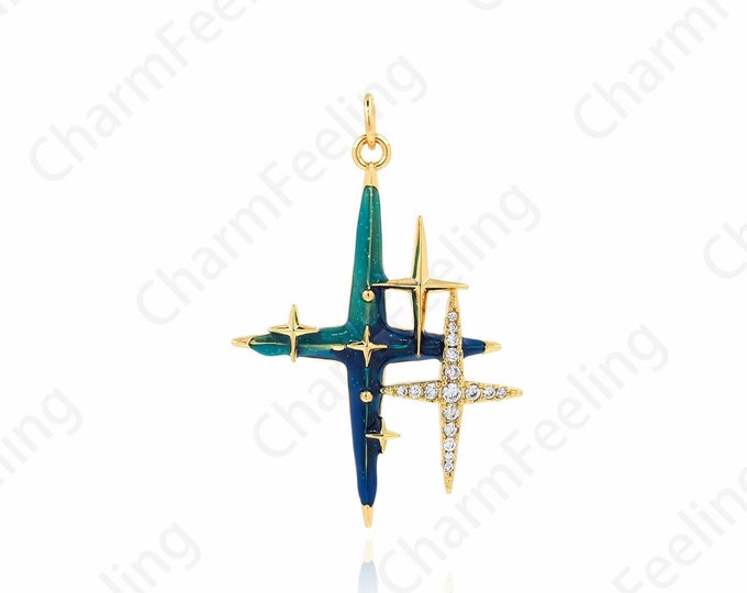 Starburst Charm, Micropavé CZ Star Charm, Polaris Charm, 18K Gold Filled Star Necklace, DIY Jewelry Accessories, 35.5x26x3.5mm