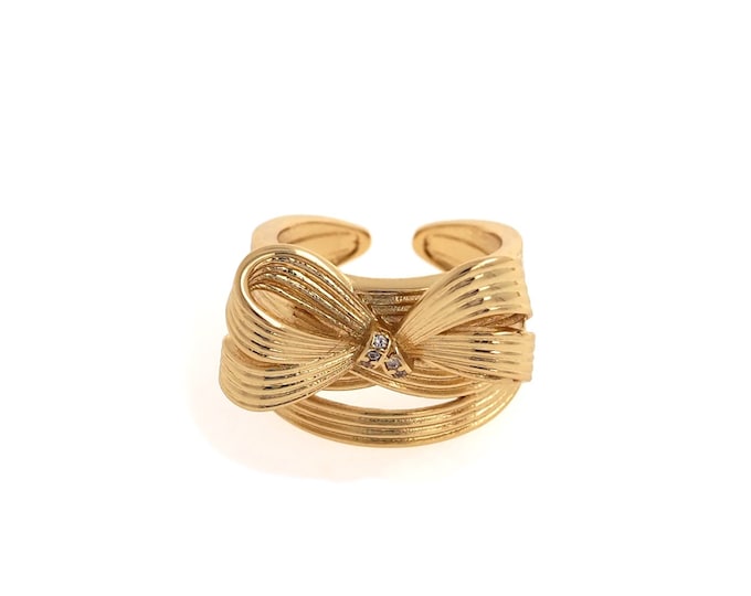 Bow Ring Gold Open Ring,18K Gold Filled Thick Ring, Micropavé CZ Dainty Ring, Adjustable Ring, Daily Ring,
