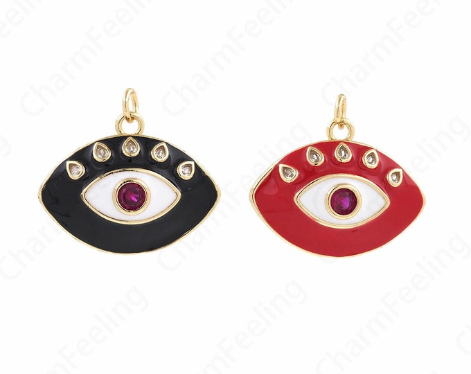 Eye Pendant, Enamel Charm, Micropavé CZ Lucky Eye Necklace, 18K Gold Filled Devil's Eye Pendant, DIY Jewelry Supplies, 27.5x31.5x7mm