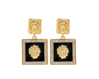 18K Gold Filled Lion Earrings,Enamel Earrings,Micropavé CZ Wild Animal Charm,Pierced Earrings,Bohemian Earrings,32x18mm