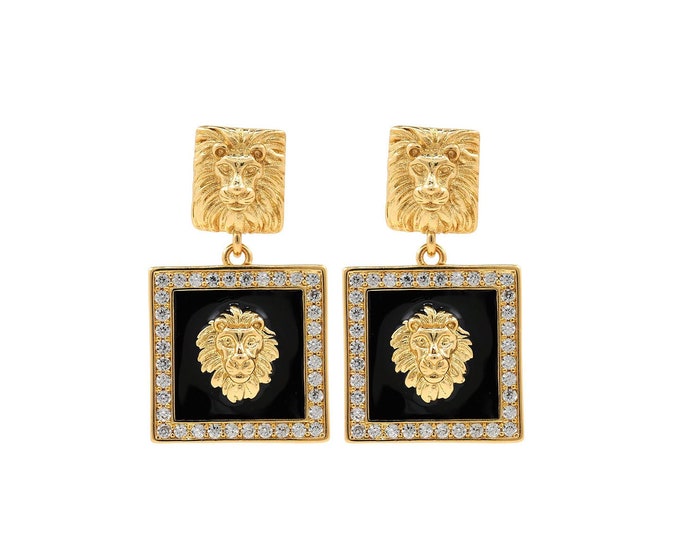 18K Gold Filled Lion Earrings,Enamel Earrings,Micropavé CZ Wild Animal Charm,Pierced Earrings,Bohemian Earrings,32x18mm