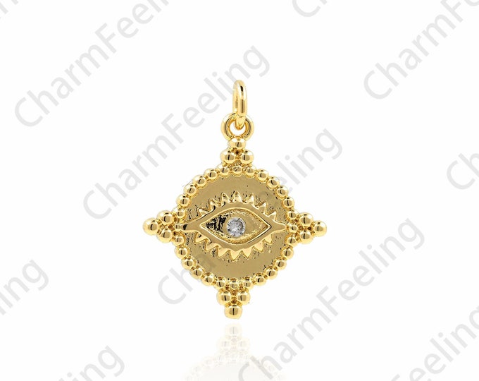 18K Gold Filled Round Eye Pendant, Micropavé CZ Eye Necklace, Eye Charm, Coin Pendant, DIY Jewelry Accessories, 24x18.5x1.7mm