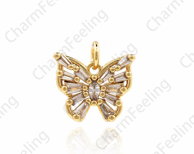 18K Filled Gold Butterfly Pendant, Micro-Pave Butterfly, Butterfly Charm, Animal Charm, Necklace Earring Component Supplies 14x14x2.5mm 1pcs