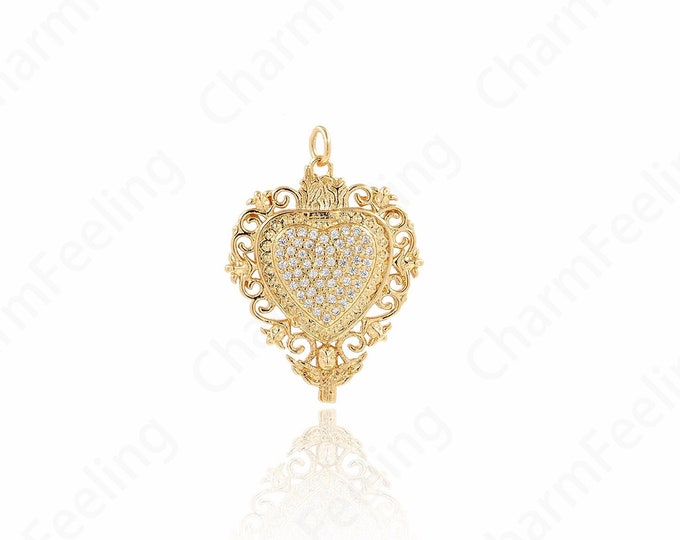 Micropavé CZ Heart Necklace,18K Gold Filled Heart Pendant, Love Necklace, Dainty Heart Charm, DIY Jewelry Accessories 33.6x24.7x2.8mm