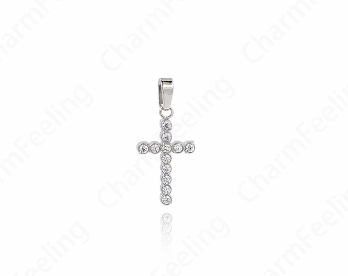 Cross Pendant,  Silver Filled Dainty Cross Necklace,Micropavé CZ Stainless Steel Religious Charm,DIY Jewelry Supplies 22x10x1.8mm