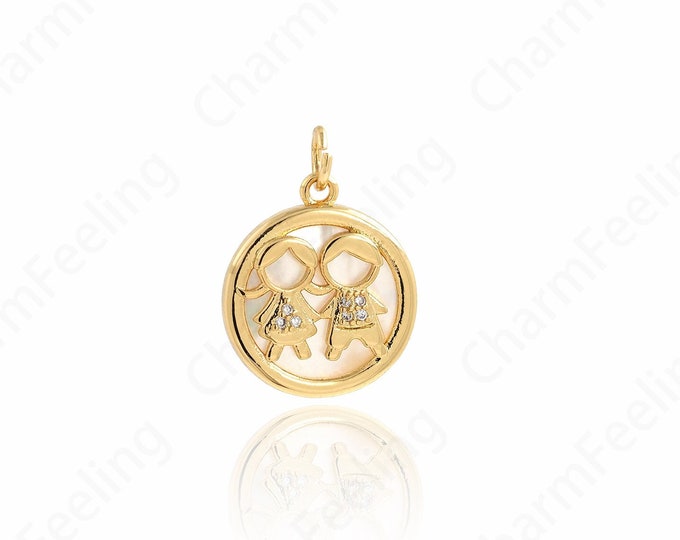 Girls Pendant, Friend Necklace, 18K Gold Filled Girls Charm, Micropavé CZ Kids Charm, DIY Jewelry Supplies, 15.4x20.4x3mm