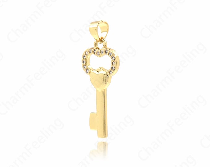 Flower Key Pendant, Micropavé CZ Key Necklace, 18K Gold Filled Key Charm, Used for DIY Jewelry Making Accessories, 30x11x2mm