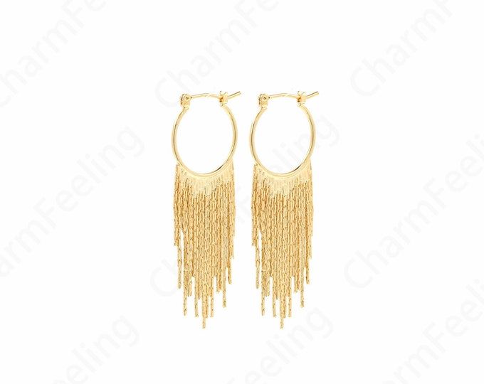 Bar Earrings,Tassel Earrings,Micropavé CZ Fringe Earrings, Boho Earrings, 18K Gold Filled Chain Earrings, Drop Earrings,58x20x1mm