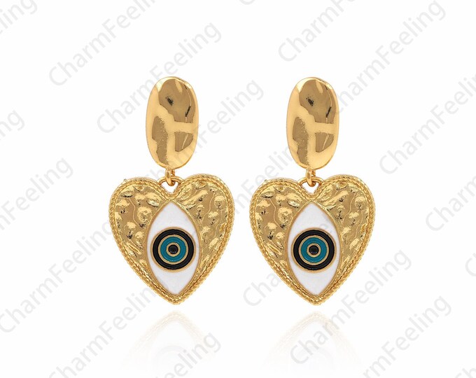 1 Pair 18K Gold Filled Love Earrings, Enamel Eye Earrings, Heart Earrings, Enamel Heart Earrings, Earring Accessories, 32x17.5mm