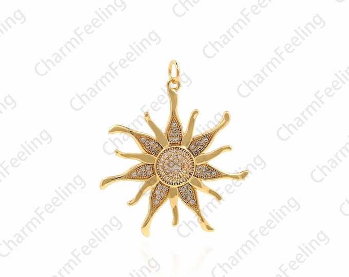 18K Gold Filled Sun Pendant, Sun Burst Pendant, Micro-pavé CZ Sunshine Necklace, Sun Charm, DIY Jewelry Accessories, 32x37x4.5mm