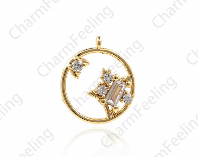 18K Filled Gold Hollow Round Star Pendant, Moon Charm, Star Charm, Star And Moon Necklace, DIY Jewelry Making Accessories 17.3x15x3mm 1pcs