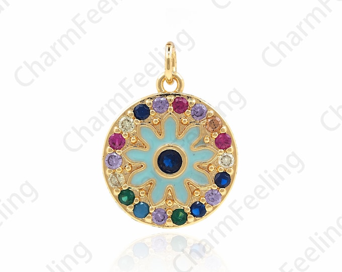Enamel Round Flower Pendant, 18K Filled Gold Enamel Flower Charm, Flower Jewelry, Enamel Charm 21x16x2.5mm 1pcs