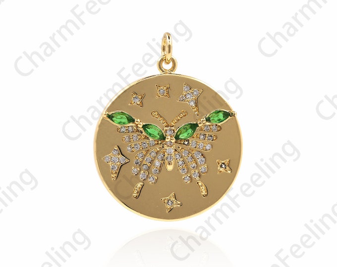 18K Gold Filled Round Butterfly Necklace,Butterfly Charm,Insect Pendant,Disc Gold Coin Pendant,Round Charm,DIY Accessories,30x24x3.5mm