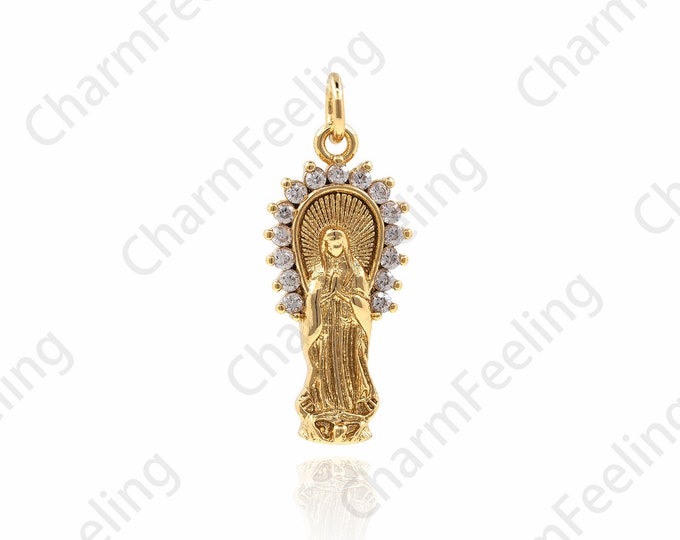 18K Gold Filled Virgin Mary Pendant,Virgin Necklace,Micropavé Cubic Zirconia Strip Pendant,DIY Jewelry Components 26x10.5x2.5mm