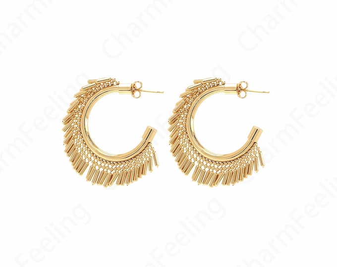 Thick Gold Earrings, 18K Gold Filled Tassel Earrings, Bohemian Earrings, Tassel Charm, DIY Jewelry Supplies, 38x38.5x4mm