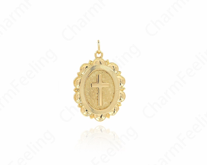 Dainty Cross Necklace, 18K Gold Filled Oval Pendant, Cross Charm,Religious Charm, Christian Charm, DIY Jewelry Accessories, 28x18.5x2.5mm