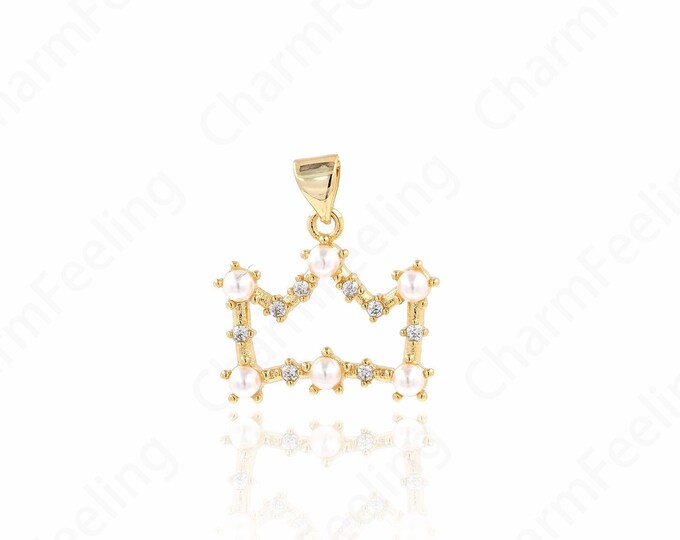 Pearl Necklace, Micropavé CZ Crown Pendant, King Charm, 18K Gold Filled Crown Necklace,DIY Jewelry Supplies, 20x21x3.5mm