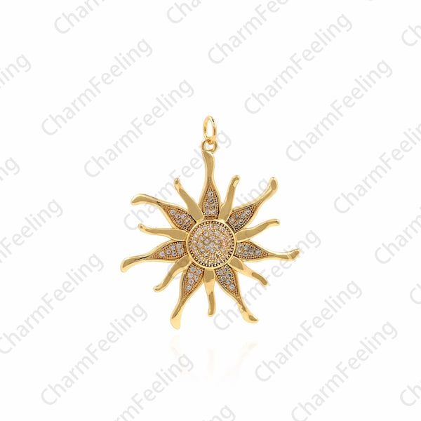 18K Gold Filled Sun Pendant, Sun Burst Pendant, Micro-pavé CZ Sunshine Necklace, Sun Charm, DIY Jewelry Accessories, 32x37x4.5mm